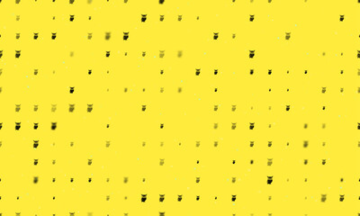 Seamless background pattern of evenly spaced black owl symbols of different sizes and opacity. Vector illustration on yellow background with stars