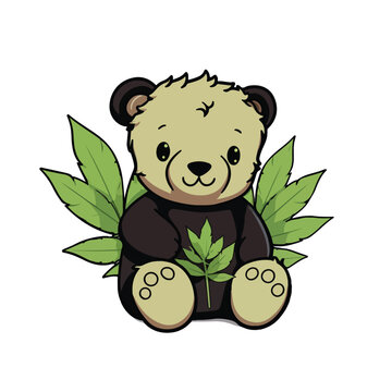 Plush cute bear doll in an embrace with a marijuana bush
