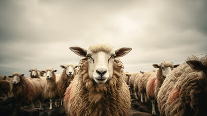 Curious sheep look into the camera. - obrazy, fototapety, plakaty