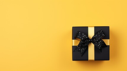 A black gift box with a bow yellow background