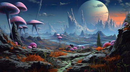 Hostile alien planet surface classic retro sci-fi style landscape - obrazy, fototapety, plakaty