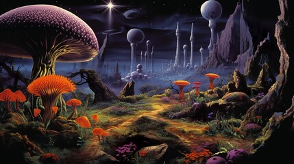 Alien flora and fauna in classic retro sci-fi style landscape - obrazy, fototapety, plakaty