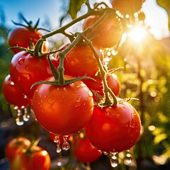 AI illustration of a vine with fresh tomatoes covered in water - obrazy, fototapety, plakaty