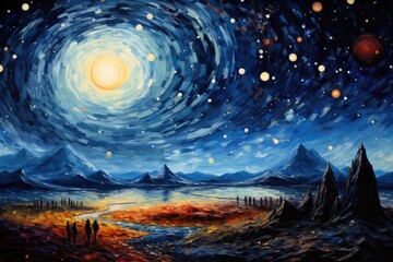 Art oil painting scene of a starry night, Generative AI