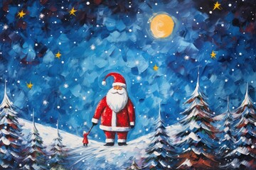 Art scene of Santa Claus walking under a starry and full moon night, Christmas scene, Winter holidays, snow background, Front view. Generative AI