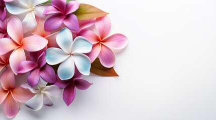 Colorful frangipani flowers on white background with copy space Generative AI
