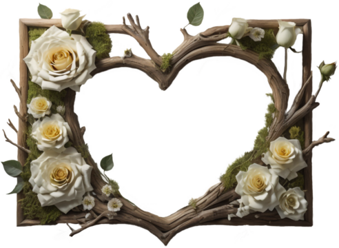 Driftwood Picture Frame with Empty Heart-shaped Interior, Light-Yellow Roses, and Moss - Powered by Adobe