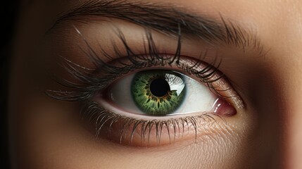 Close-up of beautiful female green eye with long eyelashes. Generative AI