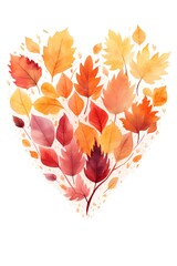 Watercolour illustration autumn leaves in heart on white background