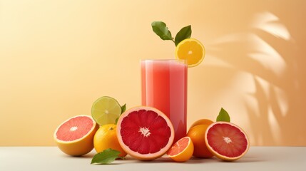Citrus juice in a glass with slices of grapefruits and oranges on a yellow background Generative AI