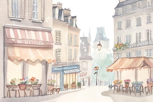 Fototapeta Vintage watercolour Streets of Paris watercolour, Street of Paris, Cafe de Paris, Illustration