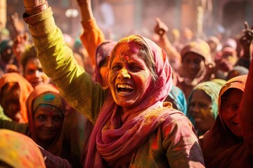 People of all ages in a colorful Holi celebration dancing to traditional music, vibrant powders. Hindu festival.