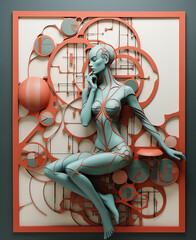 Futuristic sculptural panel of a beautiful young woman. Expressive facial features. Closed eyes. Complex geometric shapes. Light gray tones. Close-up. Copy space.