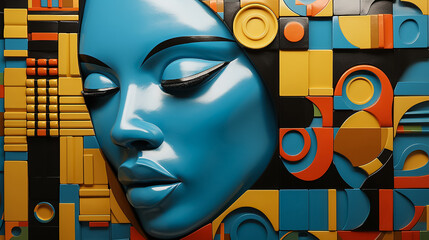 Futuristic relief panel of a beautiful African-American woman. Expressive lips. Bright saturated colors. Complex geometric shapes. Close-up. Copy space.