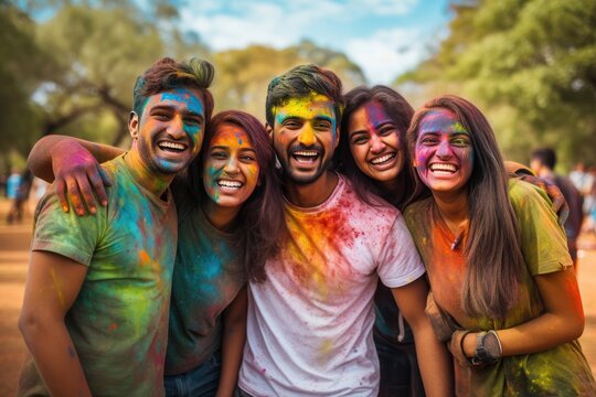 Friends celebrate Holi in a public park, vibrant colored powders. Hindu festival.