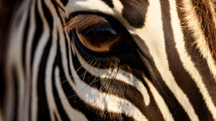 Detailed close-up of a zebra's eye with eyelashes and fur, capturing the intricate patterns and textures of its coat.
