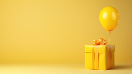 Yellow gift box with yellow balloon on yellow background. 3D Rendering Generative AI