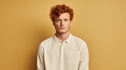 Obraz premium Portrait of a red-haired young man in a white shirt on a yellow background Generative AI