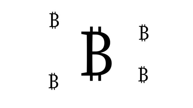 Zoom in and out animation the bitcoin symbol. Large black symbol in the center and four small symbols around. Seamless looped 4k animation on white background