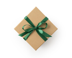 Top view of square kraft gift box with green ribbon bow isolated on white