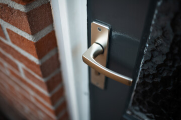 Close-up of metal handle of the door. - obrazy, fototapety, plakaty