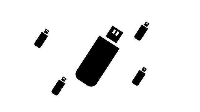 Zoom in and out animation the flash drive symbol. Large black symbol in the center and four small symbols around. Seamless looped 4k animation on white background