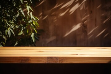 Empty wooden counter countertop with a leaf shadow on wooden panel wall background. Generative AI