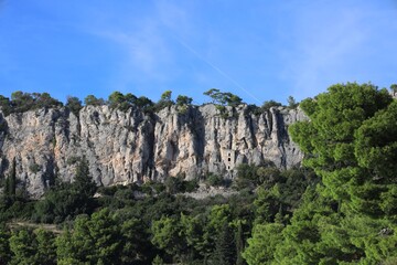 Picturesque view of beautiful mountain with trees under blue sky outdoors