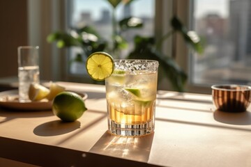 Refreshing cocktail in an apartment with natural lighting from the windows. Generative AI