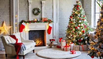 Christmas Celebration in a cozy living room with a nice christmas tree