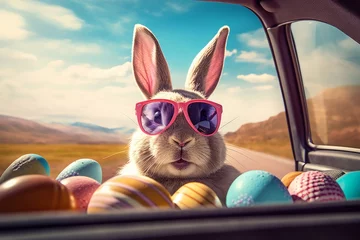 Foto op Canvas Cute Easter Bunny with sunglasses looking out of a car filed with easter eggs, Generative AI © dgpatel