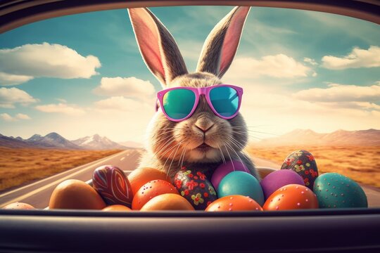 Cute Easter Bunny with sunglasses looking out of a car filed with easter eggs, Generative AI