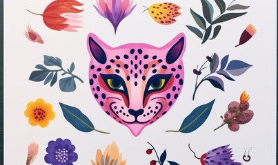 Pink Leopard Cheetah Creature, Watercolor clipart sticker set, retro, vintage, botanical, floral, soft colourful, pastels, pinks and purples, psychedelic art, analog look, old school, tattoo arty
