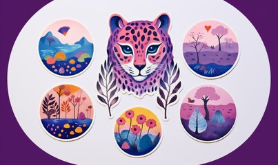 Pink Leopard Cheetah Creature, Watercolor clipart sticker set, retro, vintage, botanical, floral, soft colourful, pastels, pinks and purples, psychedelic art, analog look, old school, tattoo arty
