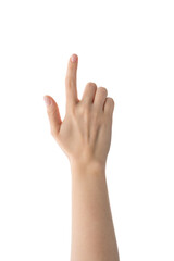 Obraz premium Young female right hand touch something gesture isolated on white background