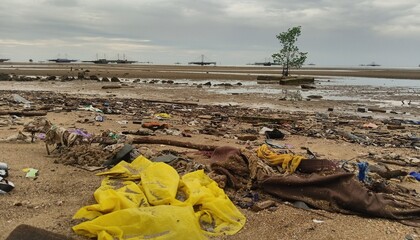the beach is polluted with rubbish in the morning