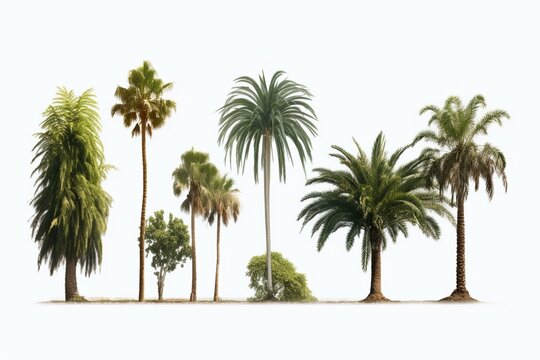 Various palm tree varieties against a white backdrop. Generative AI