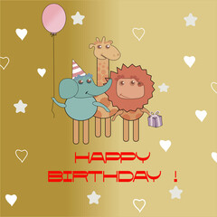 an happy birthday card with lion, elefant and giraffe, which have in hands pink baloon