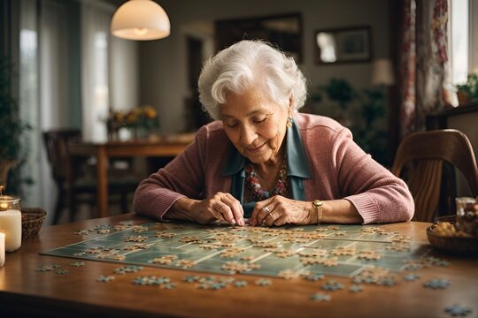 Picture of a old grandma solving jigsaw puzzle in a room 