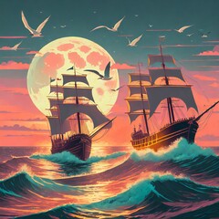Firefly Barco Mercantil y Barco Pirata en un mar con olas y una luna llena gaviotas en el cielo 
