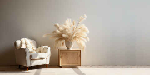 Modern living room interior with chair and pampas grass background