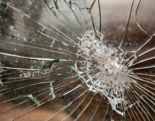 Detail of broken glass or smashed window showing concept of damaged property or cracked surface