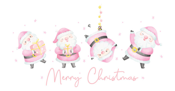 Group of Cute Pink Christmas Santa Claus watercolor banner with Adorable Smile Greeting card Cartoon character Hand Painting
