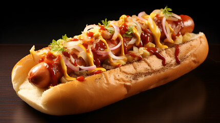 Close-up of a gourmet hotdog, loaded with toppings and condiments, on a rustic wooden surface against a dark background.