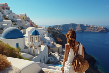 Fototapeta na wymiar Young female tourist backpacker travelling aroung the world. Travel Destination - Santorini, Greece
