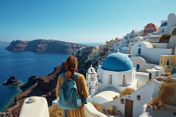 Fototapeta na wymiar Young female tourist backpacker travelling aroung the world. Travel Destination - Santorini, Greece