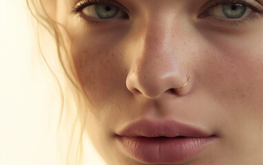 Fototapeta premium Young woman with jewelry. A beauty shot of gold nose ring piercing.