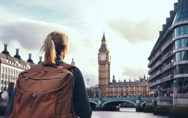 Fototapeta na wymiar Young female tourist backpacker travelling aroung the world. Travel Destination - London, Great Britain