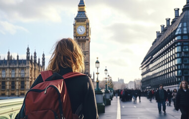 Young female tourist backpacker travelling aroung the world. Travel Destination - London, Great Britain