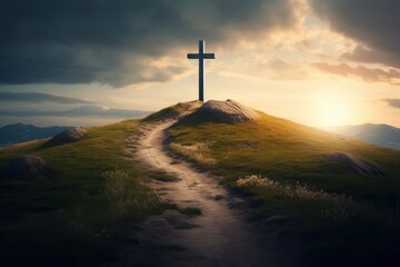 cross on the hill, the path leading to God, Happy easter. Christian symbol of faith, Generative AI